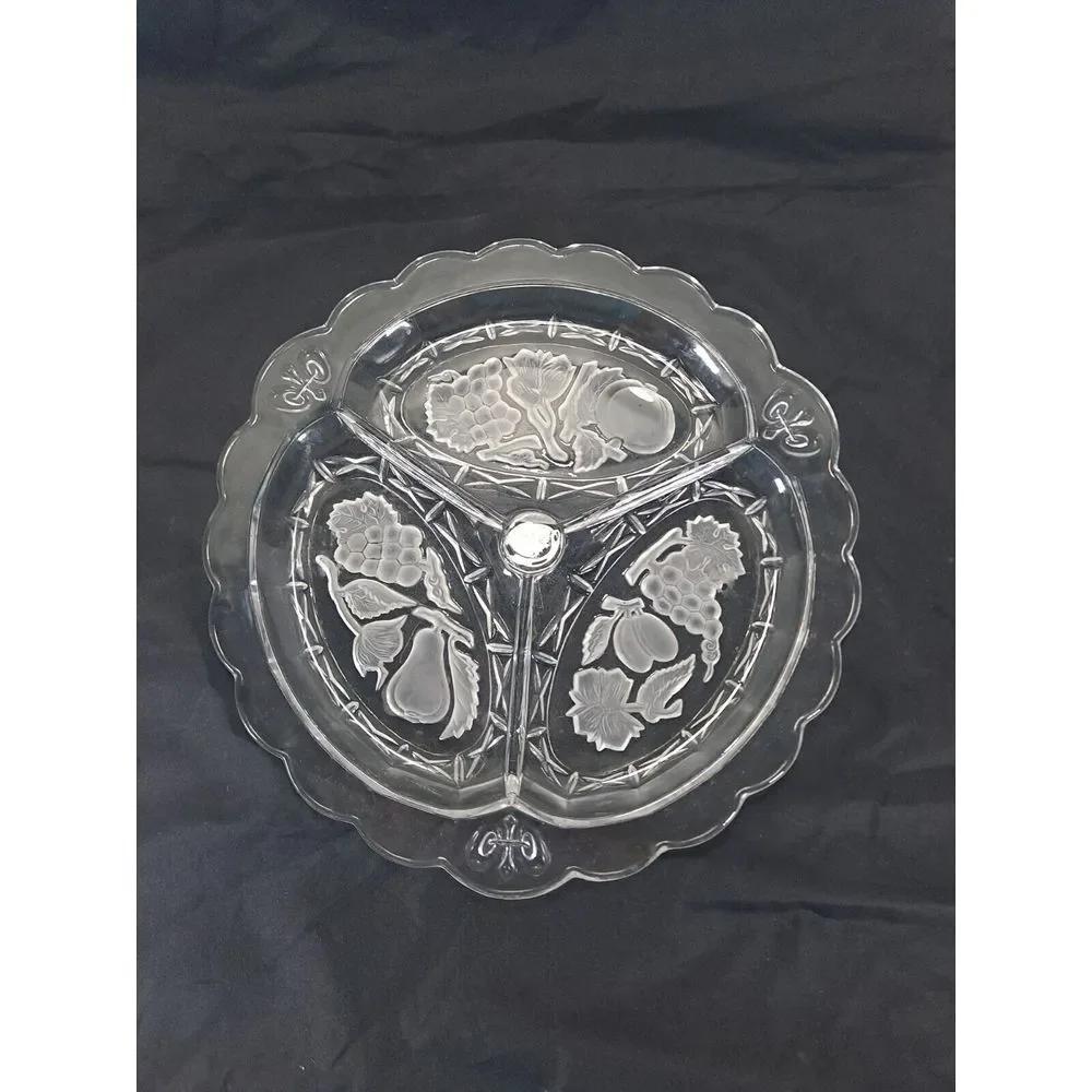 Vintage Clear 3-Part Serving Dish w/Etched Fruit and Scalloped Edge, 11